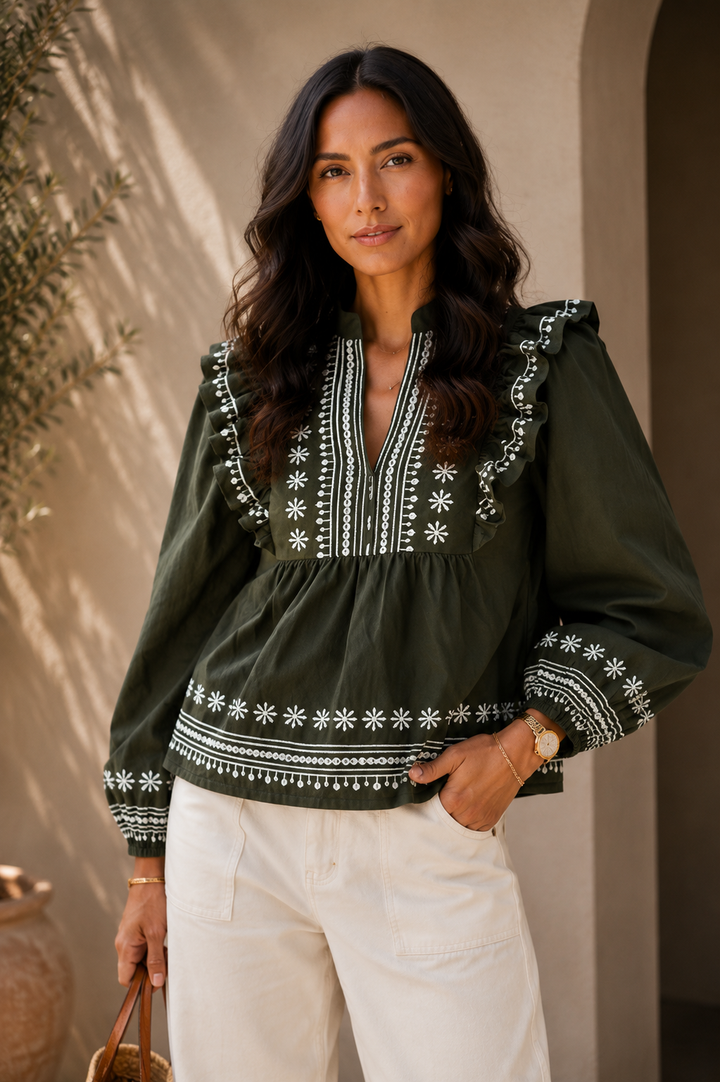 Olive Embroided Peplum Blouse