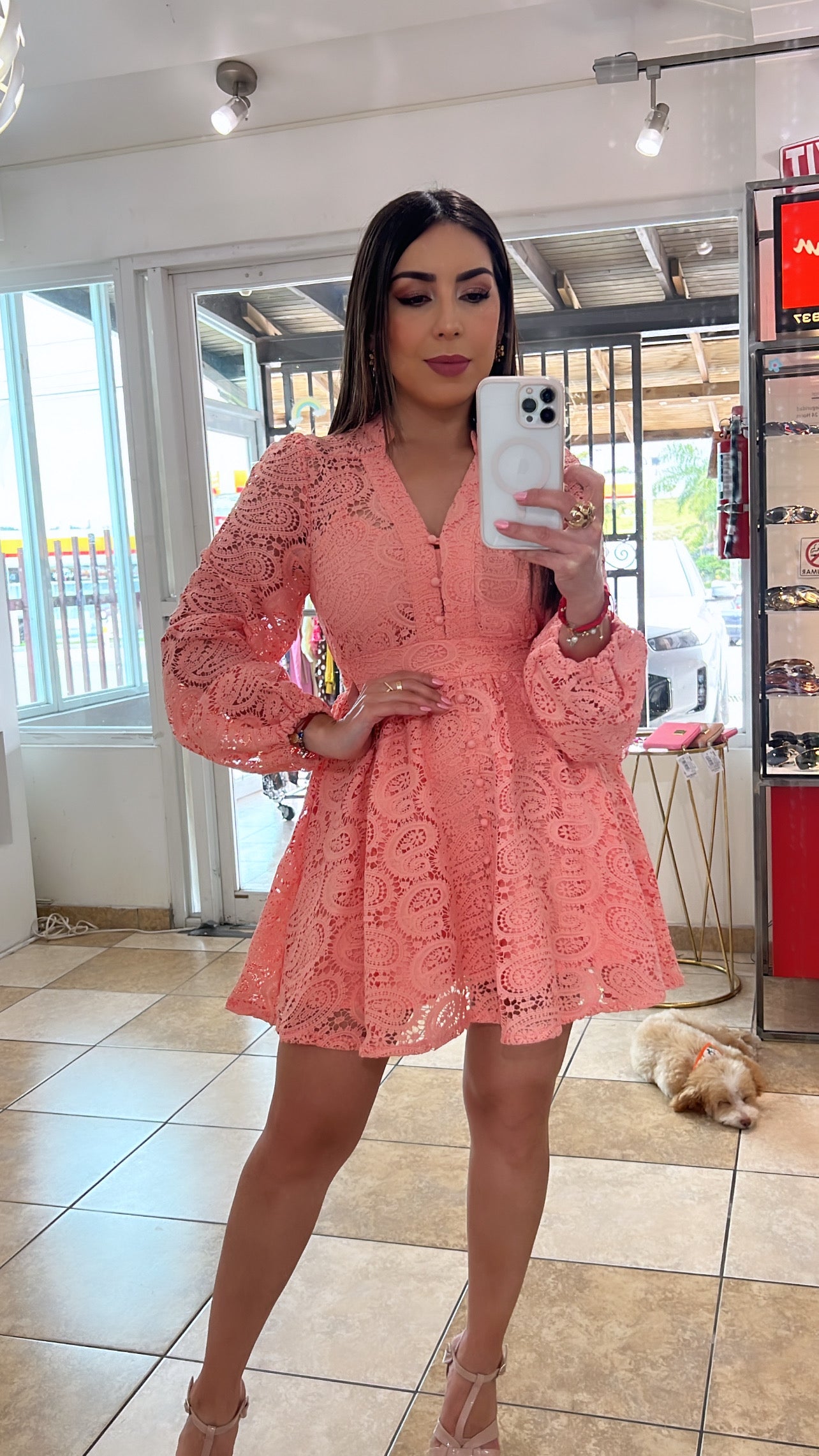 Peach Lace Mini Dress