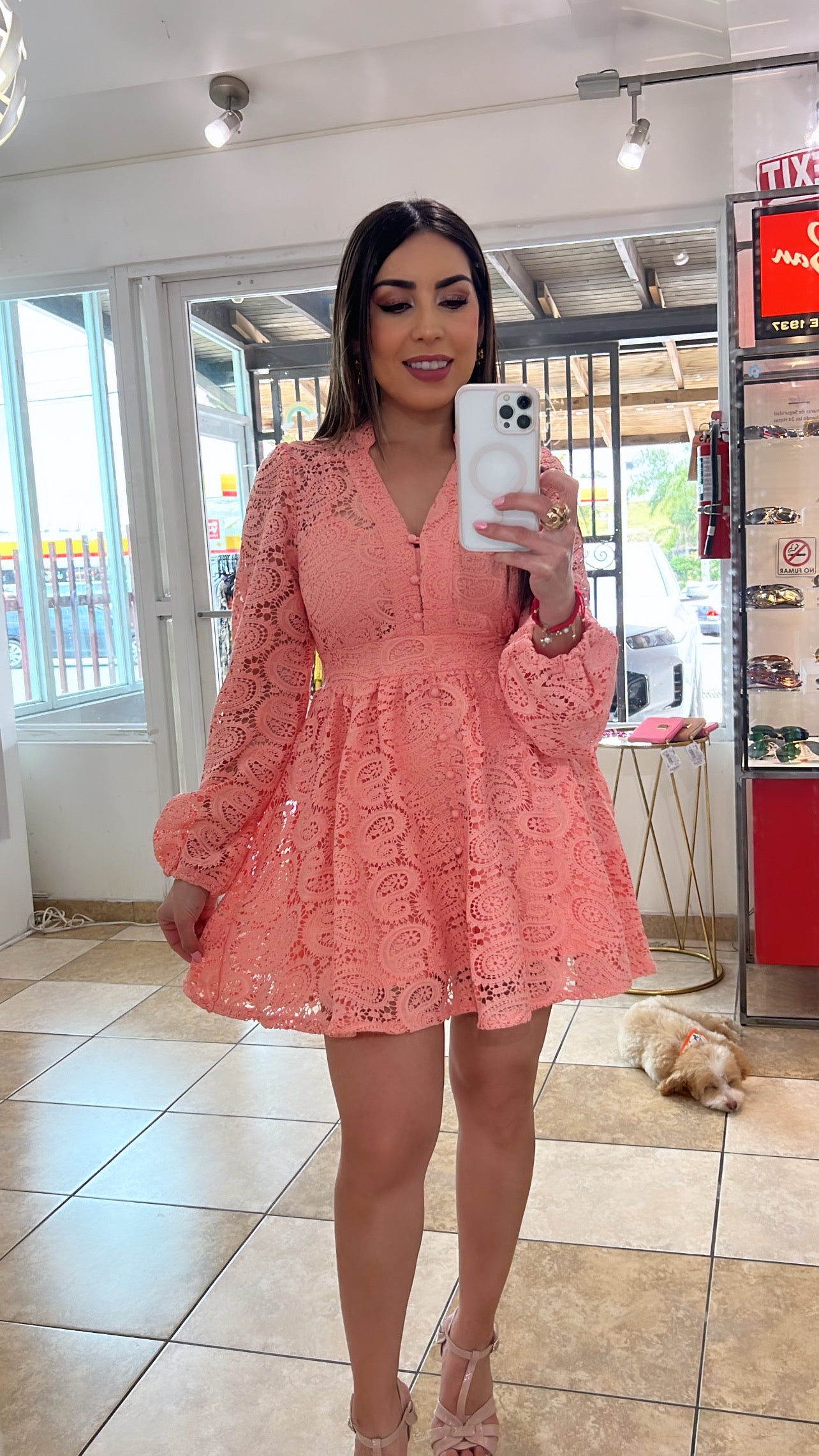 Peach Lace Mini Dress