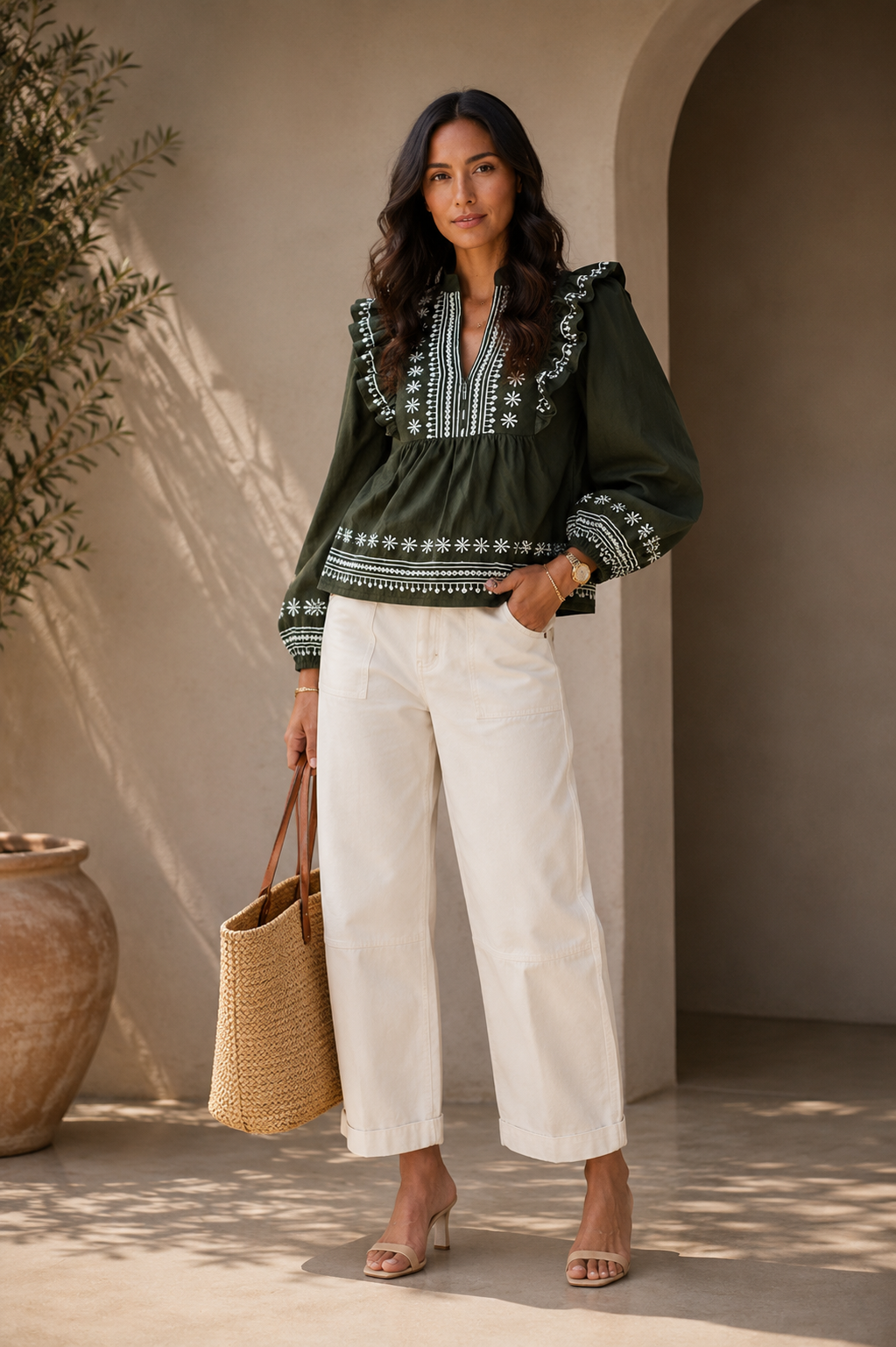 Olive Embroided Peplum Blouse