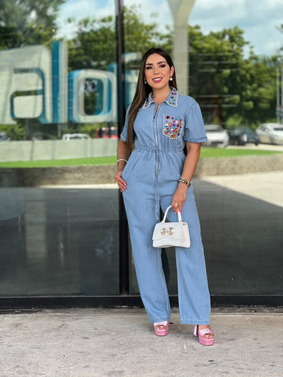 Embellished Denim Jumpsuit