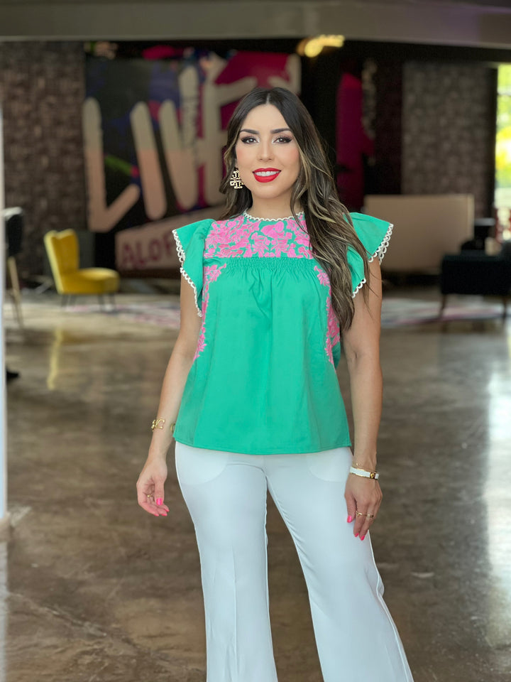 Flutter Sleeve Embroidered Top
