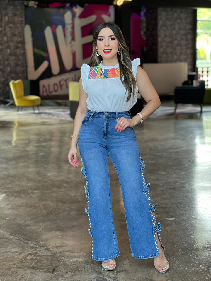 Flutter Sleeve Embroidered Poplin Top