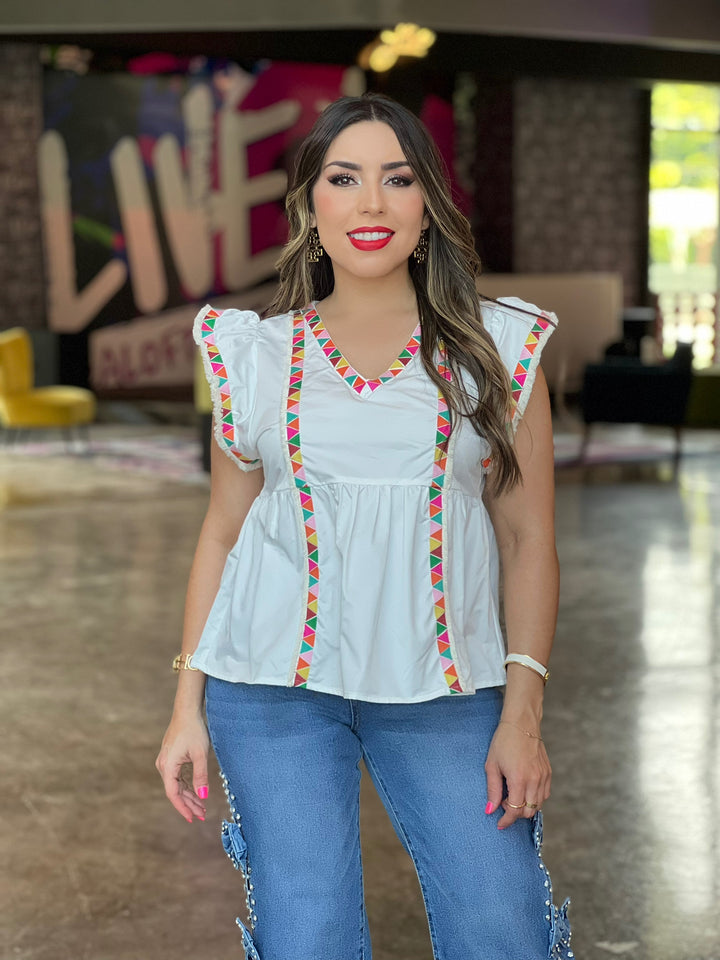 Embroidered Detail Ruffle Sleeve Top
