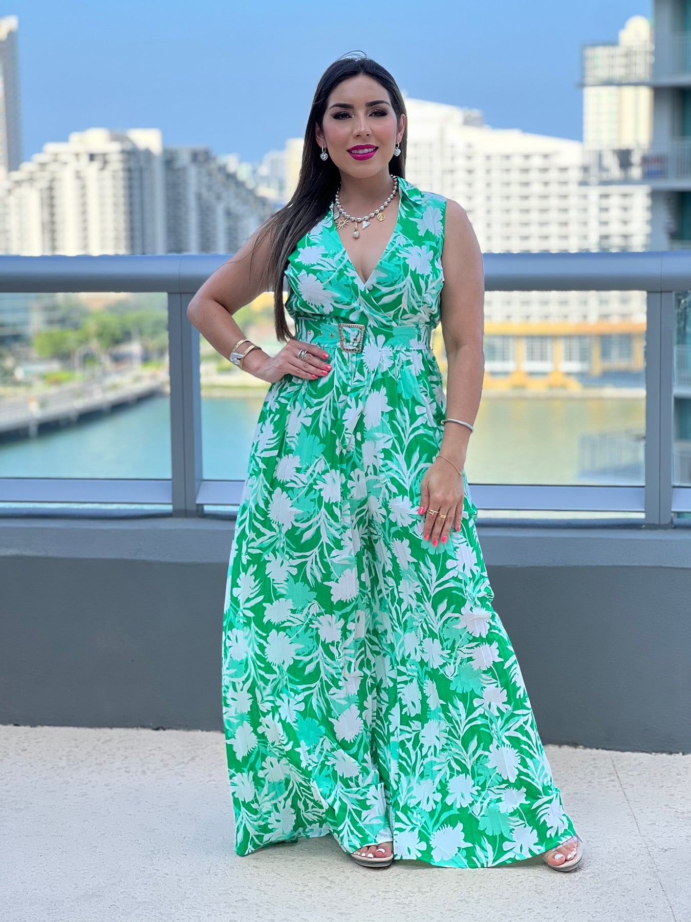 Green Floral Flare Jumpsuit