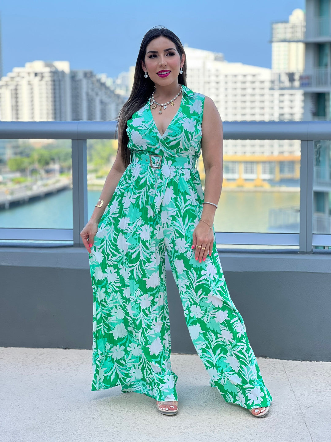 Green Floral Flare Jumpsuit