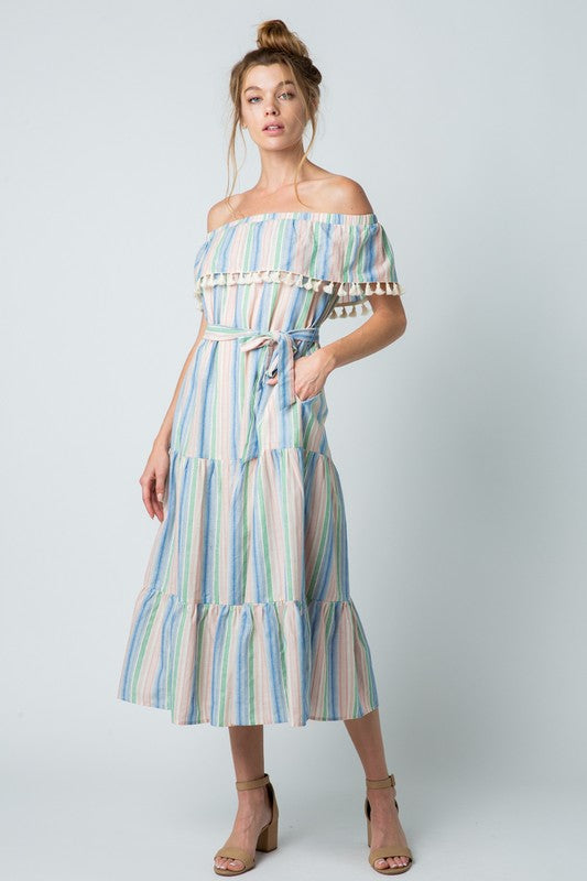 OFF THE SHOULDER TASSEL MIDI DRESS
