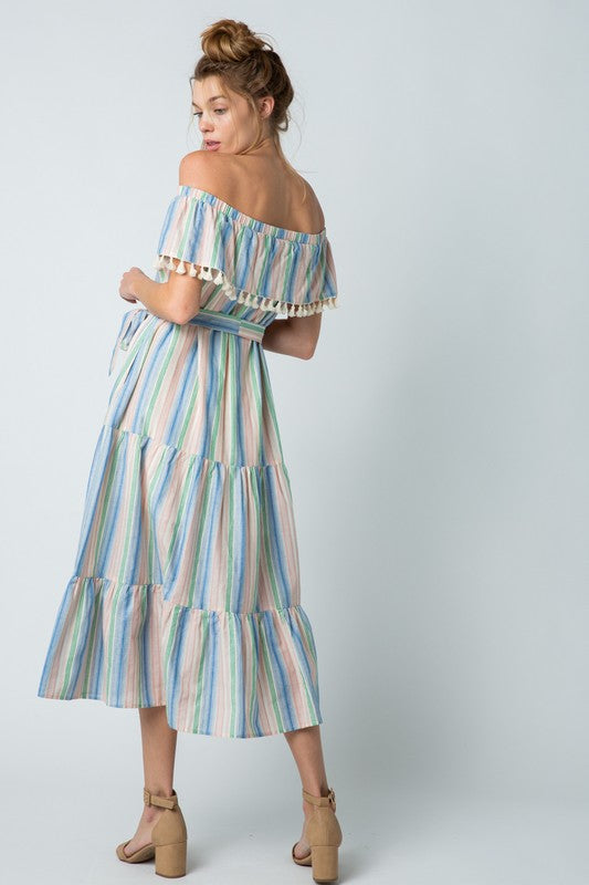 OFF THE SHOULDER TASSEL MIDI DRESS