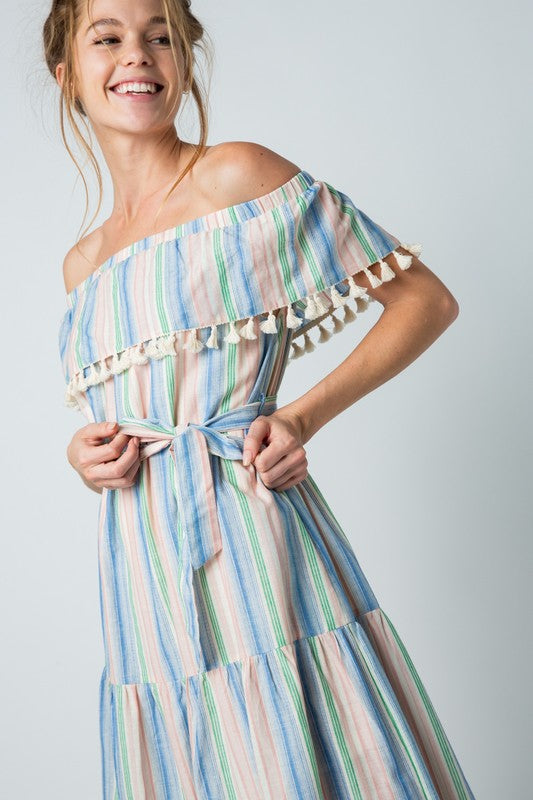 OFF THE SHOULDER TASSEL MIDI DRESS