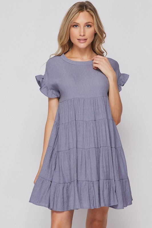 RUFFLE DETAIL SLEEVE TIERED SWING DRESS