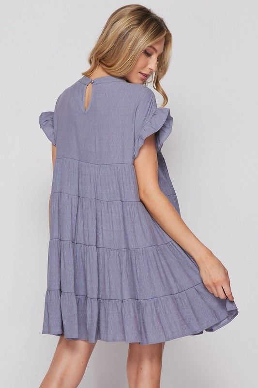 RUFFLE DETAIL SLEEVE TIERED SWING DRESS