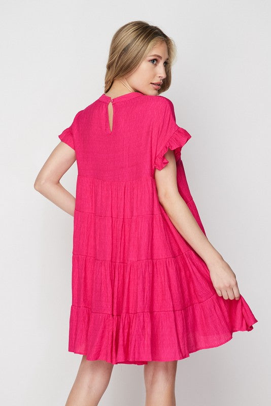 RUFFLE DETAIL SLEEVE TIERED SWING DRESS