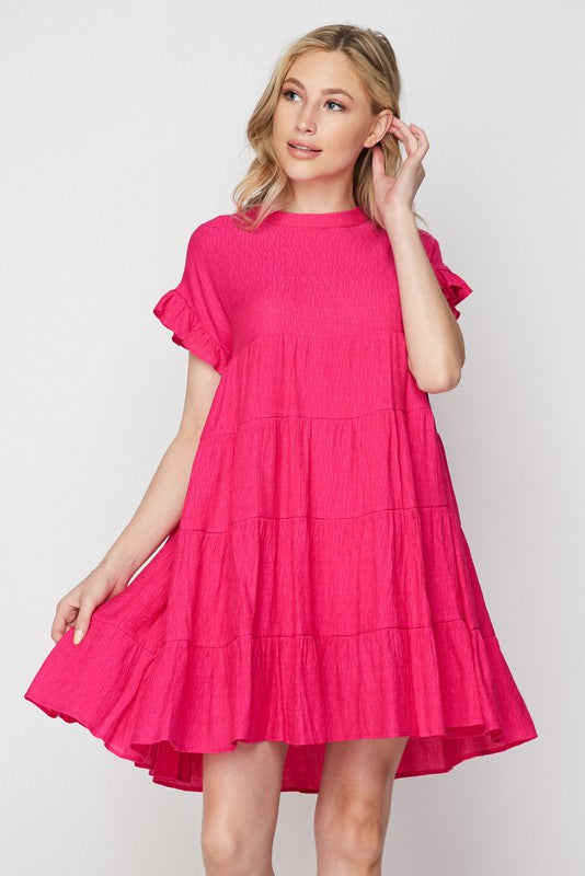 RUFFLE DETAIL SLEEVE TIERED SWING DRESS