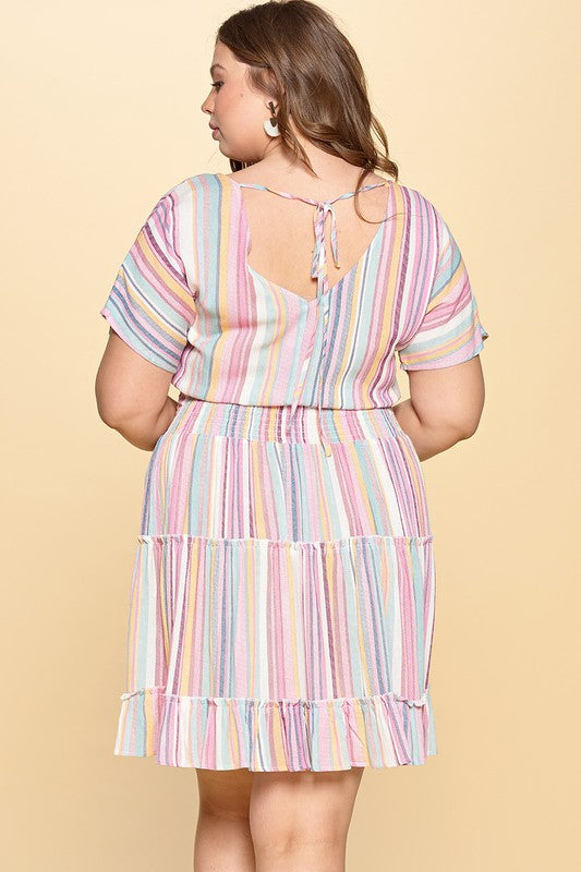 Multi-Color Stripe Printed Tiered Dress