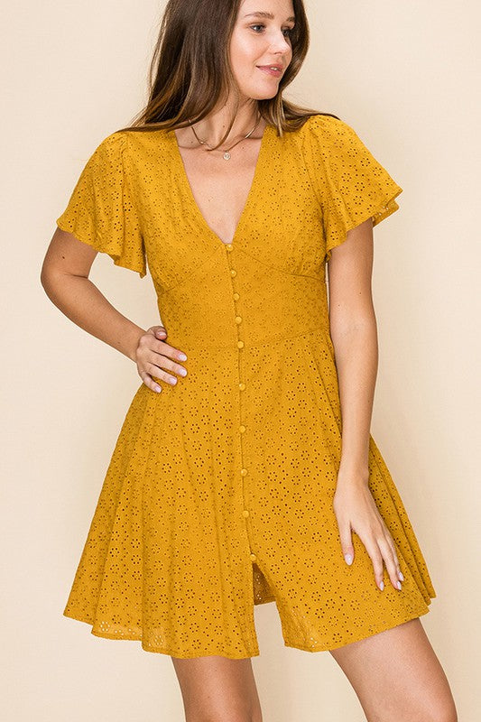 RUFFLE SLEEVE EYELET DRESS