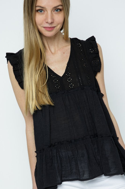 EYELET RUFFLE BABYDOLL TOP