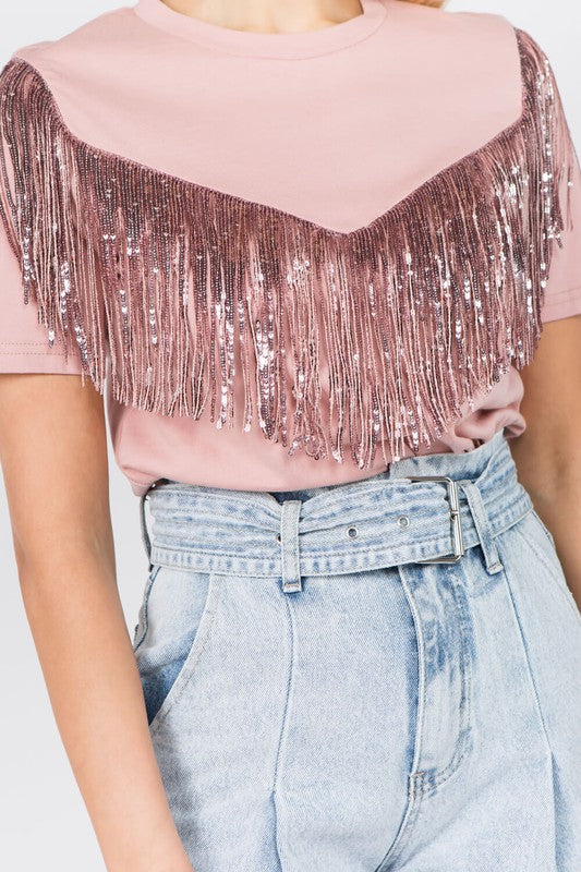 TEE W/ SEQUIN FRINGE