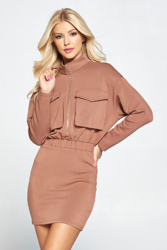 Long Sleeve Half Zip Mock Neck Dress