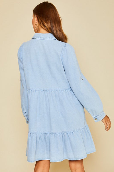 BUTTON DOWN TIER DENIM DRESS