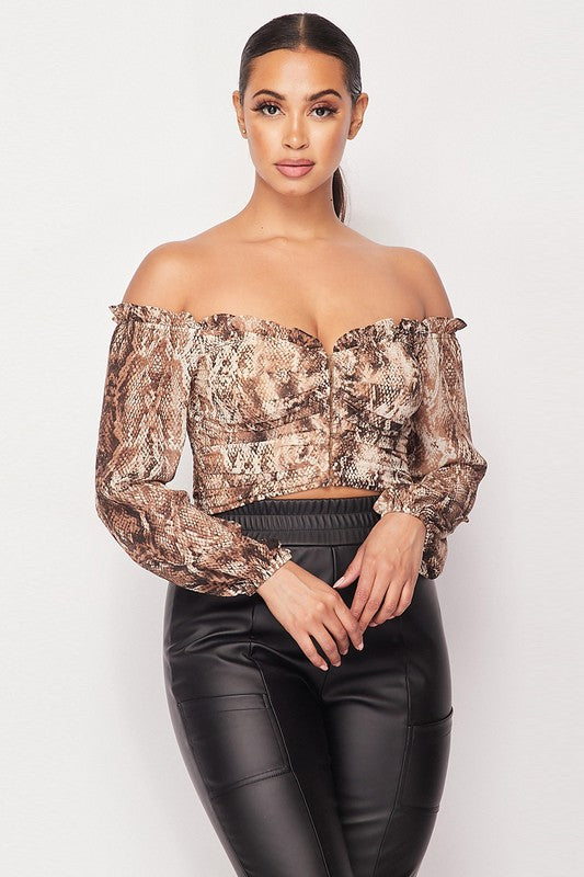 OFF SHOULDER SNAKE PRINT TOP
