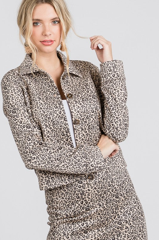 Taupe Leopard Print Suede Mini Skirt Set