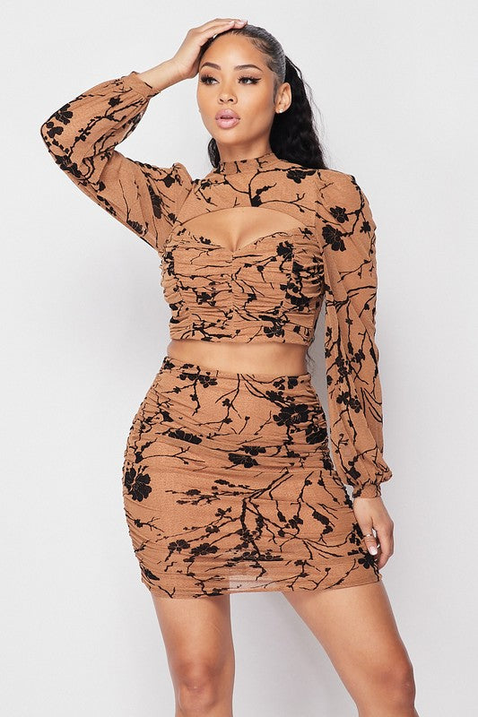 FLORAL CUTOUT BELL SLEEVE TOP AND SKIRT SET