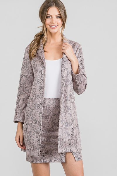 Mauve Snake Suede Long Blazer Skirt Set