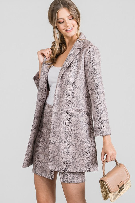 Mauve Snake Suede Long Blazer Skirt Set