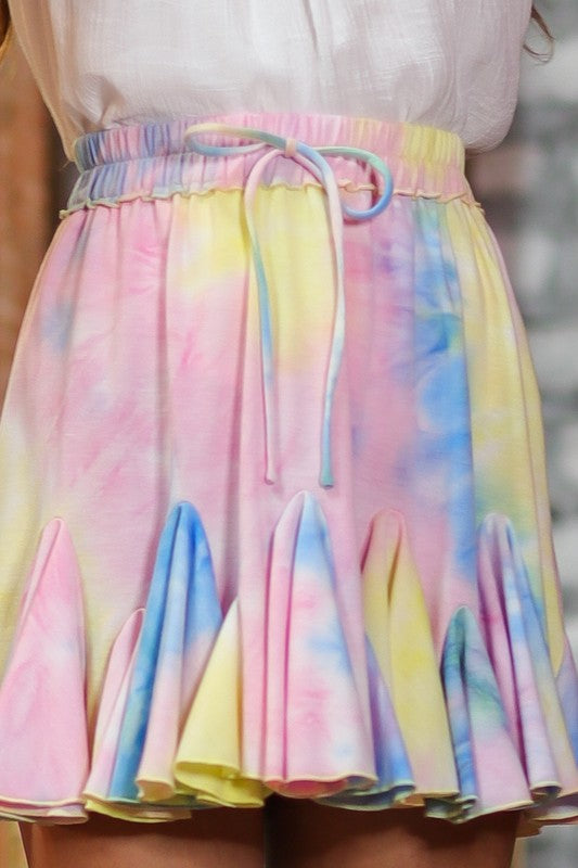 HIGH WAIST TIE FRONT TIE-DYE RUFFLE HEM MINI SKIRT