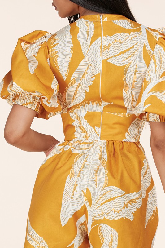 Surplice Romper with Leaves Print