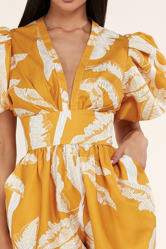 Surplice Romper with Leaves Print