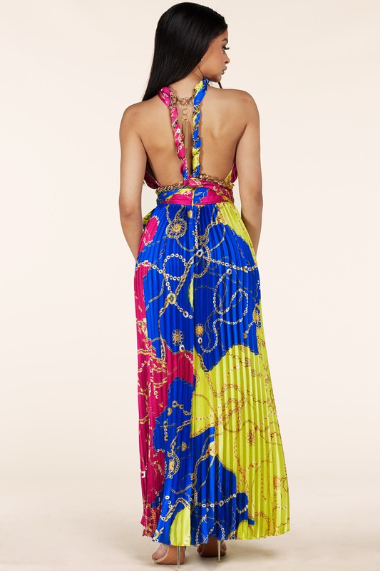 Multi Chain Print Halter Pleated Maxi Dress