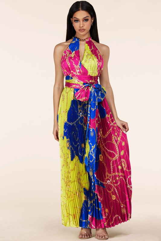 Multi Chain Print Halter Pleated Maxi Dress