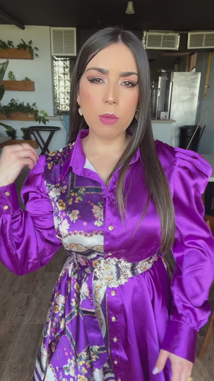 Purple Color Block Satin Dress