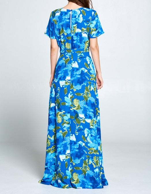 Short Sleeve Floral Maxi Dress with Slit