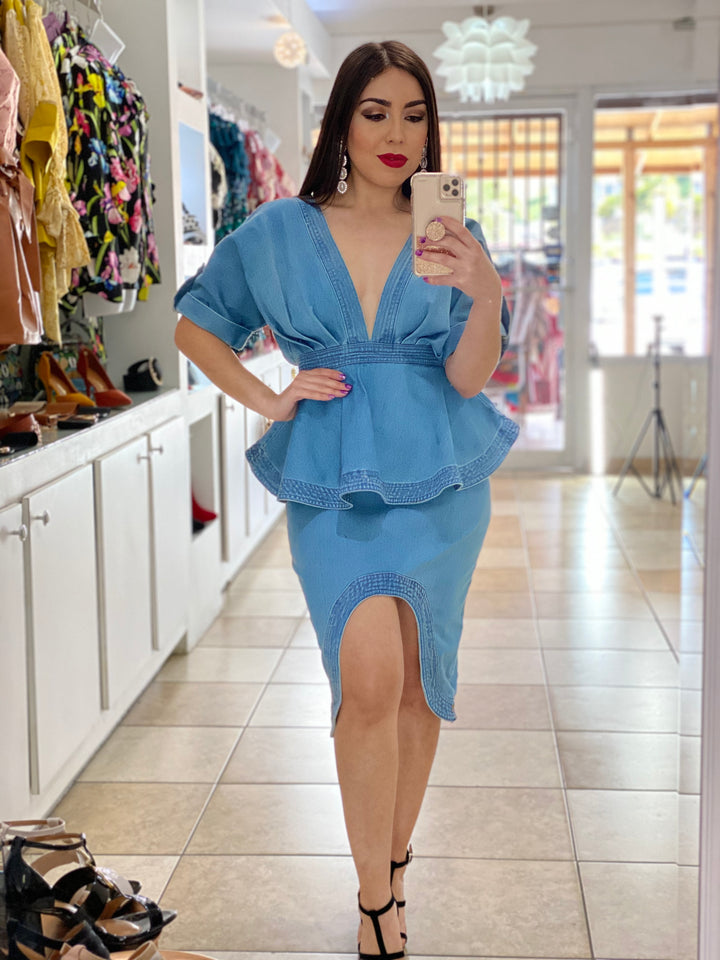 Blue Stone Denim Peplum Dress