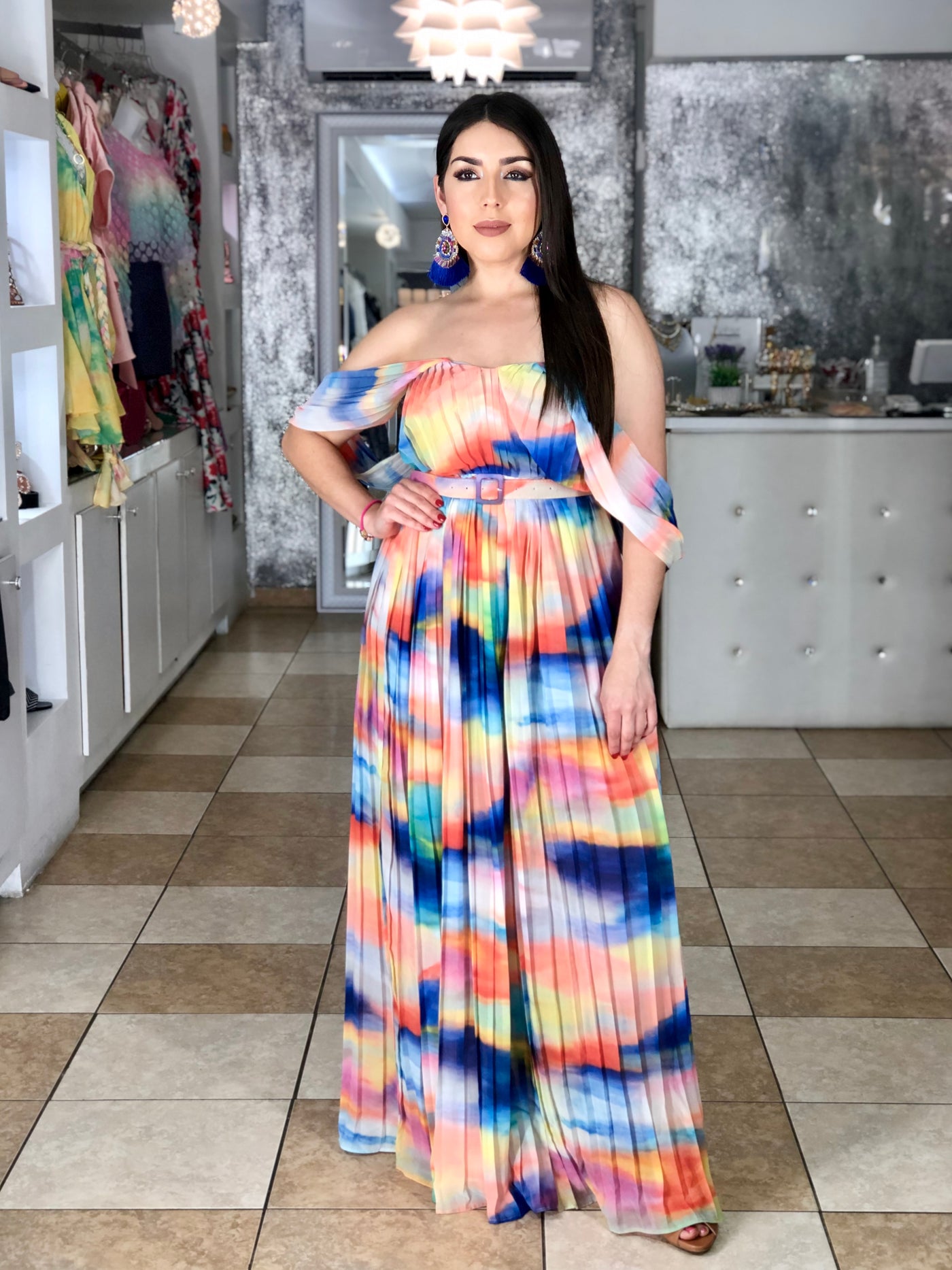 Multi Color Maxi Dress with Belt