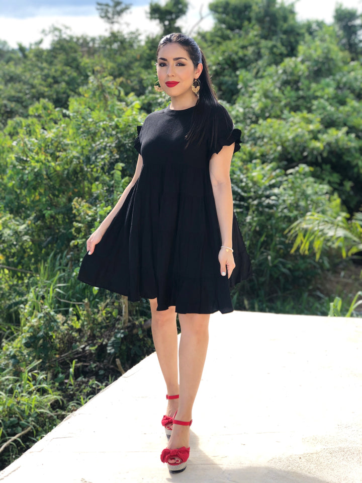 RUFFLE DETAIL SLEEVE TIERED SWING DRESS