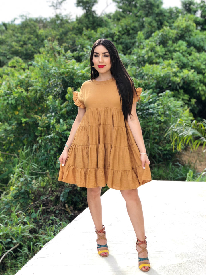 RUFFLE DETAIL SLEEVE TIERED SWING DRESS