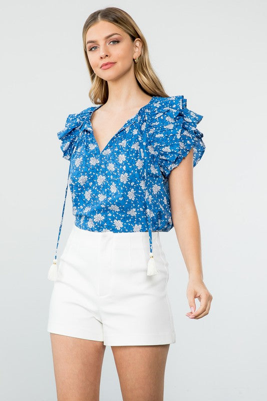 Flower Print Ruffle Sleeve Top