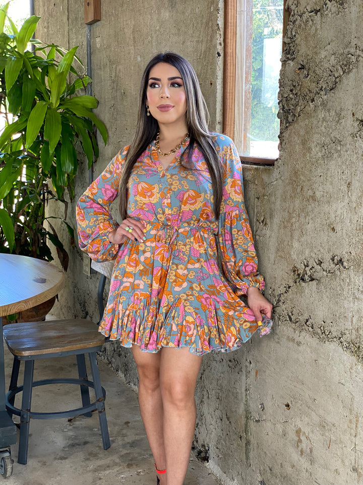 Long Puff Sleeve Floral Mini Dress