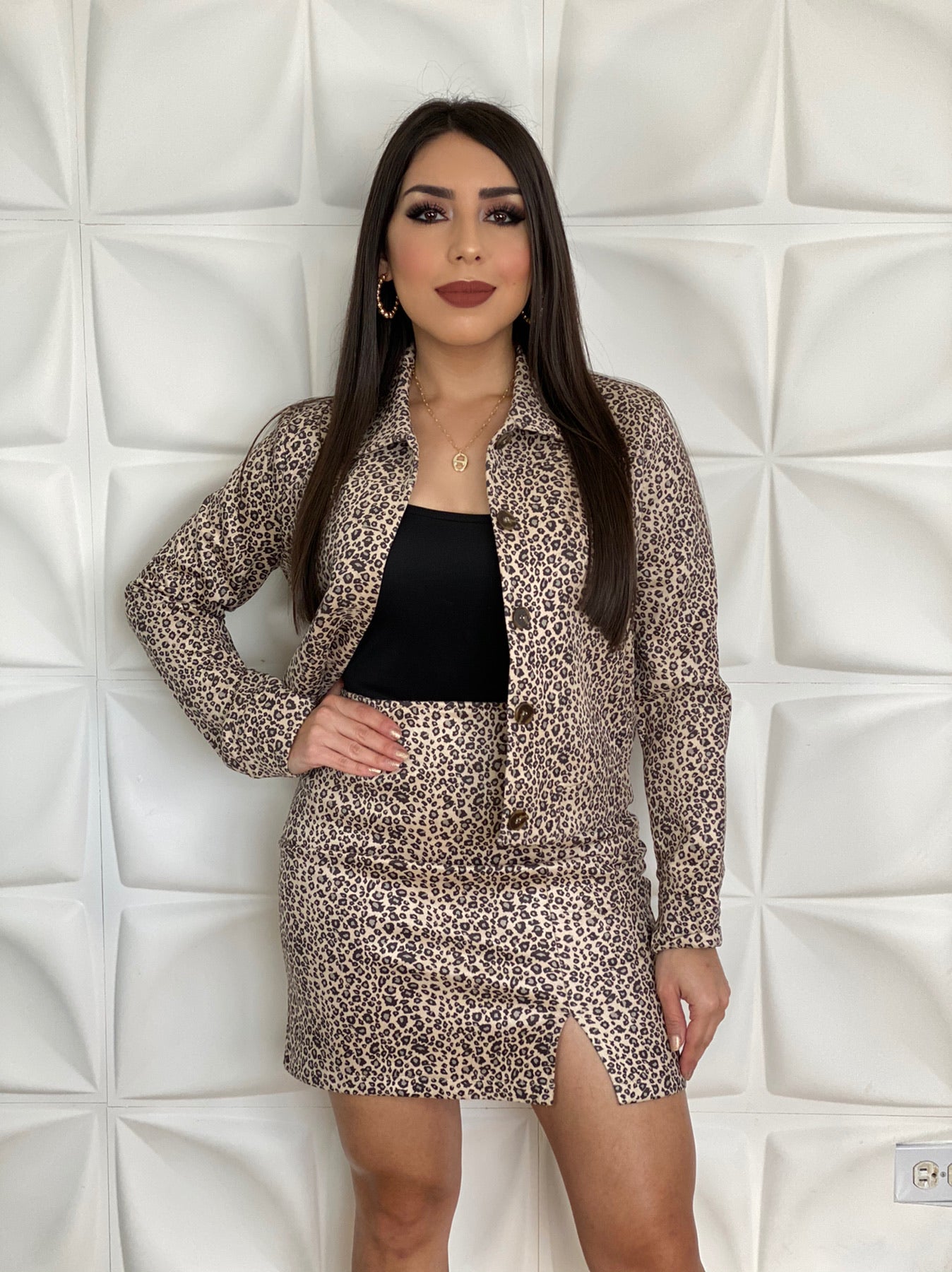 Taupe Leopard Print Suede Mini Skirt Set