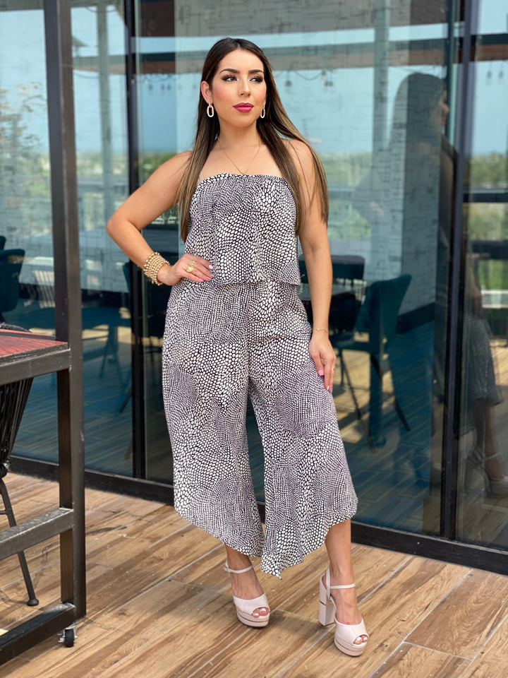 Mixed Dot Slanted Hem Strapless Jumpsuit