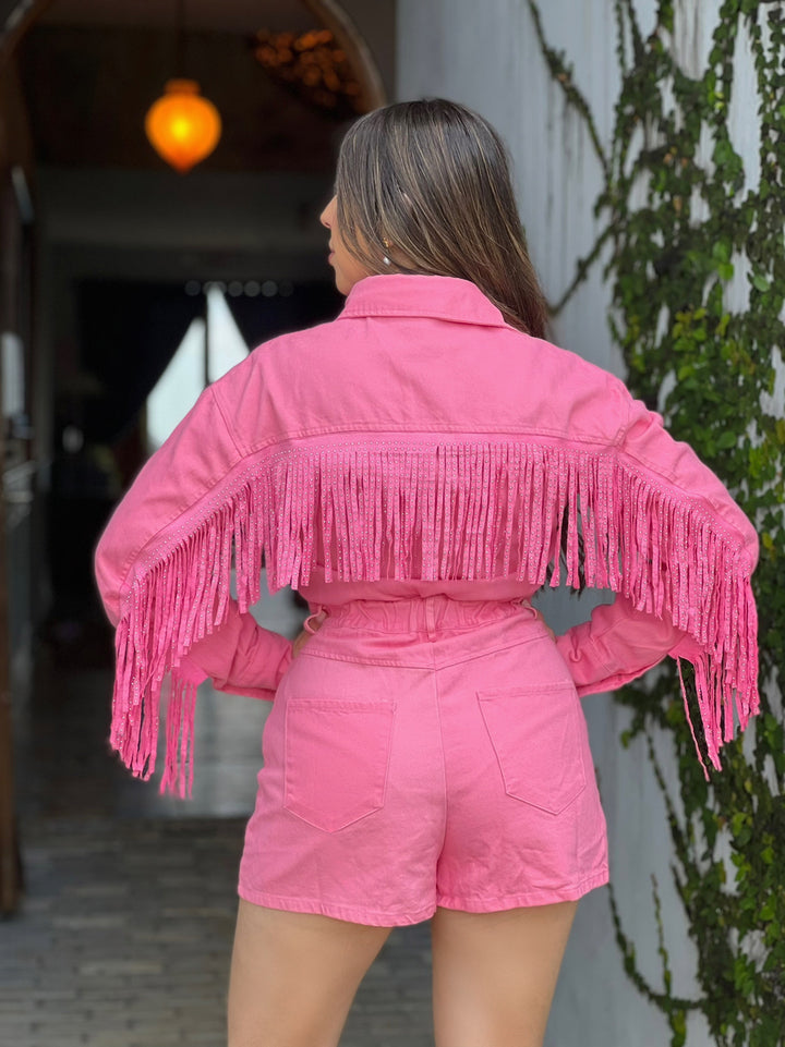 Pink Fringes Denim Romper