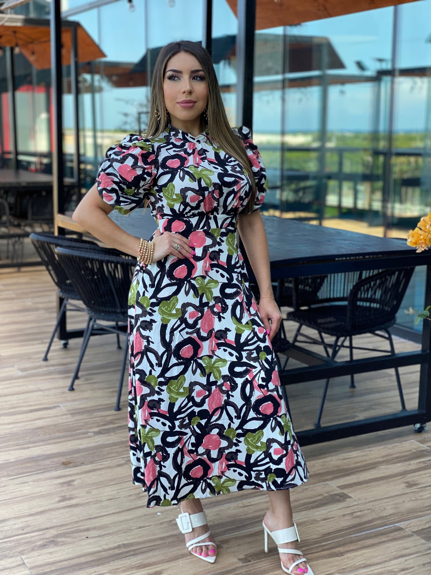 Floral Print Puff Sleeve Back Bow Dress