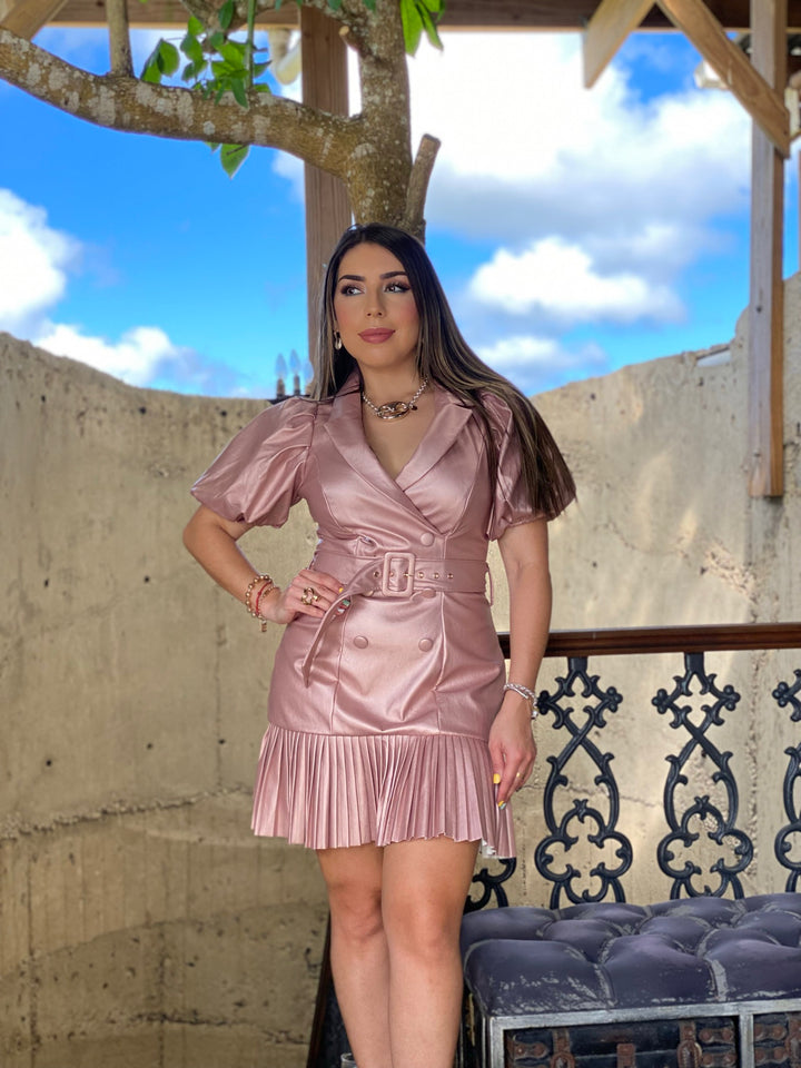 SOLID FAUX LEATHER BLAZER DRESS