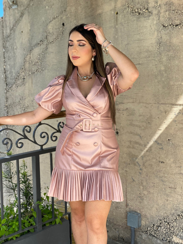 SOLID FAUX LEATHER BLAZER DRESS