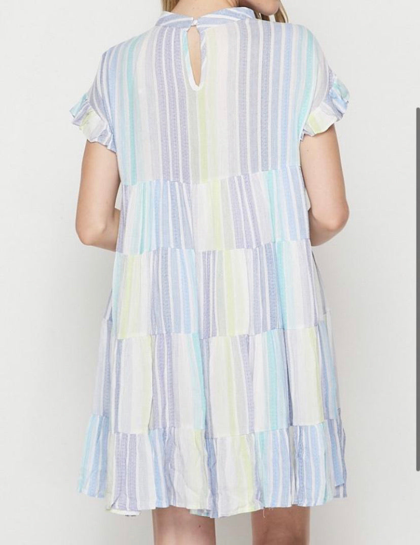 Multi Color Stripe Ruffle Sleeve Tiered Dress