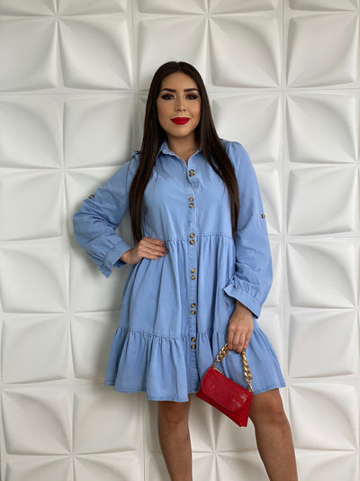 BUTTON DOWN TIER DENIM DRESS