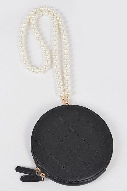Quilted Round Clutch W Long Pearl Strap